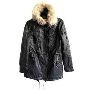 SAM NYC faux leather winter jacket coat fur trimmed hood black S